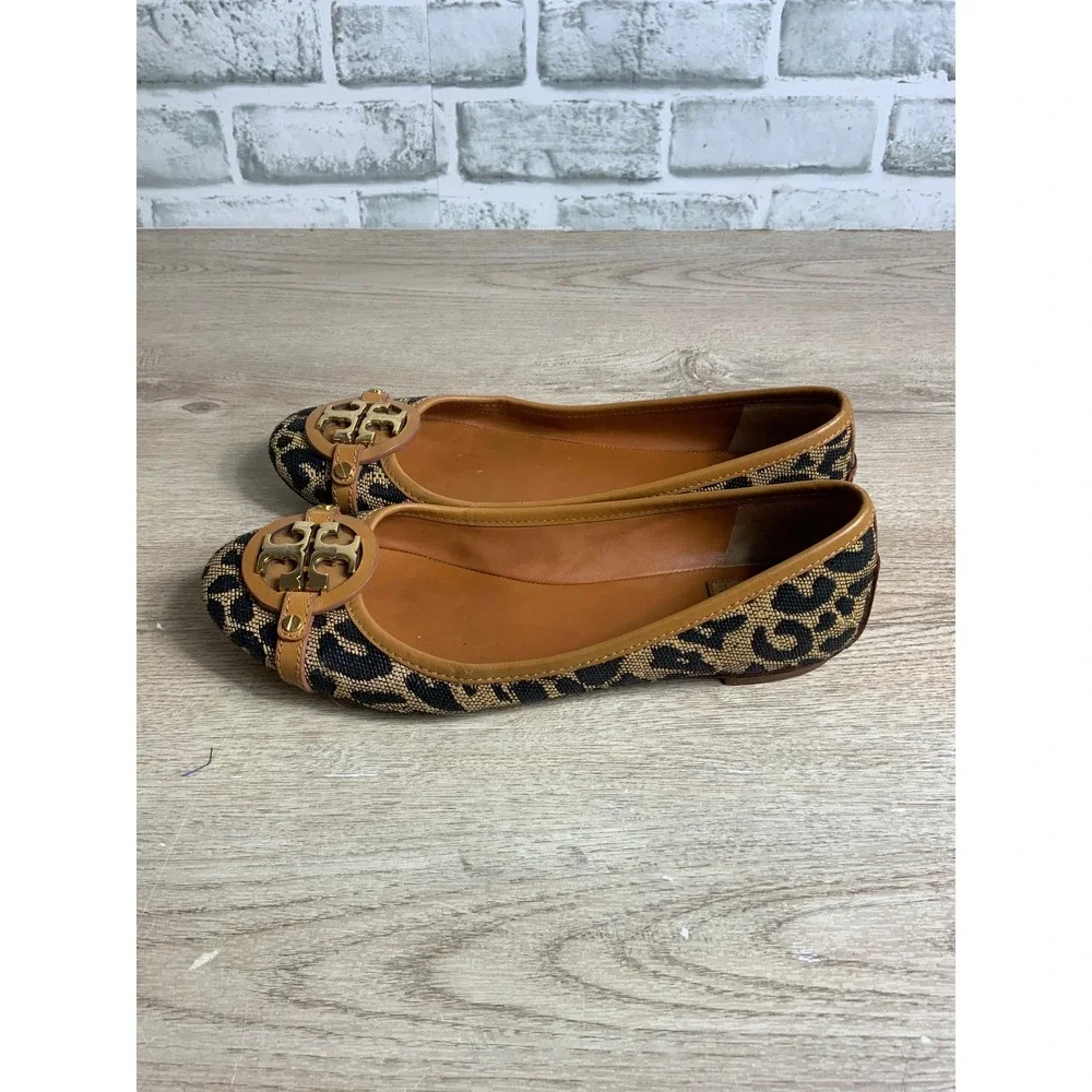 Tory Burch Tan Leopard Logo Ballet Flats